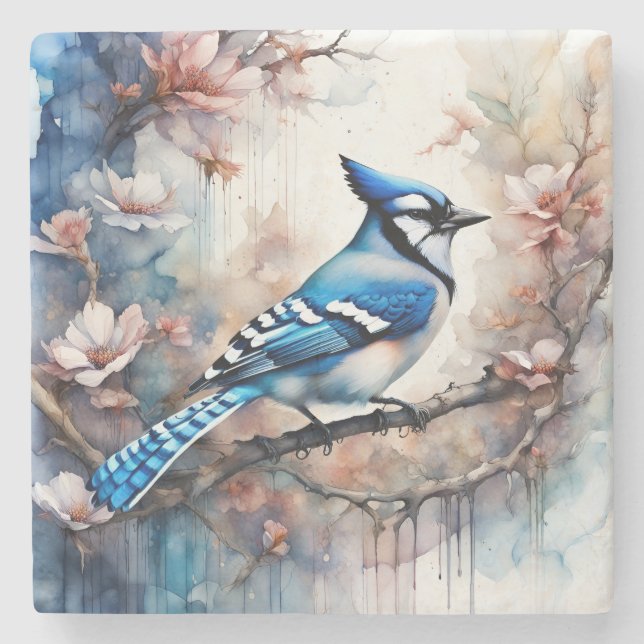 Porta-copo De Pedra Blue Jay Cherry Blossoms aquarela (Frente)