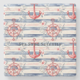 Porta-copo De Pedra Blue Red Anchors Floral Stripes Beach Ocean