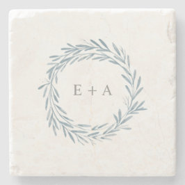 Porta-copo De Pedra Blue Watercolor Wreath Monograma Weding Favor