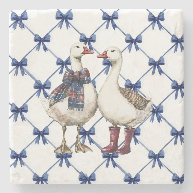 Porta-copo De Pedra Blue White Bows Geese Christmas (Frente)