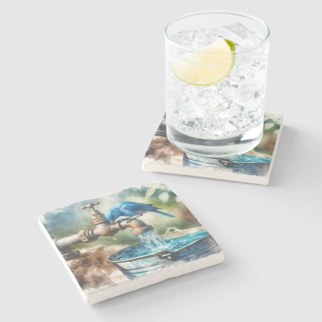 Porta-copo De Pedra Bluebird em uma antiga torneira (Lateral)