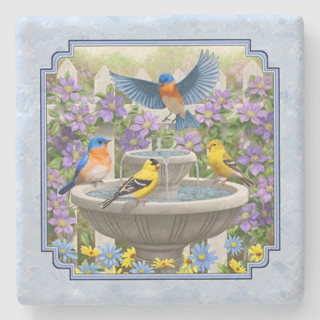 Porta-copo De Pedra Bluebird Goldfinches Flor Garden Fountain Blue (Frente)