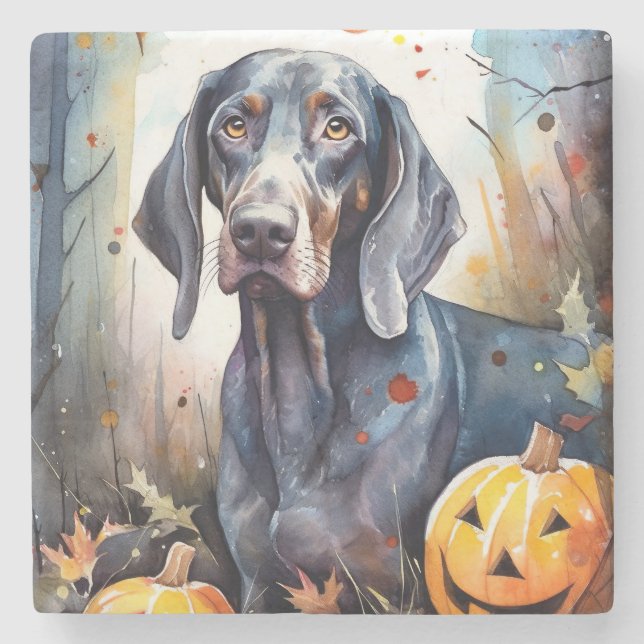 Porta-copo De Pedra Bluetick Coonhound de Halloween com Abóboras Assus (Frente)