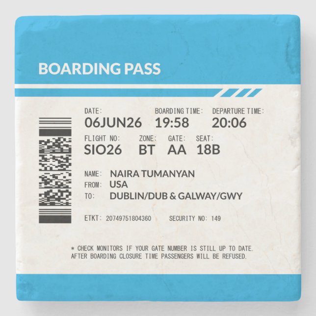 Porta-copo De Pedra Boarding Pass 6000x6000 (blue) DAM17 (Frente)