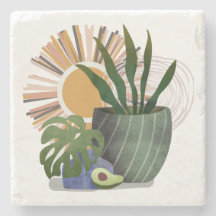 Boho Botanical Neutral Mid Century Stone Coaster