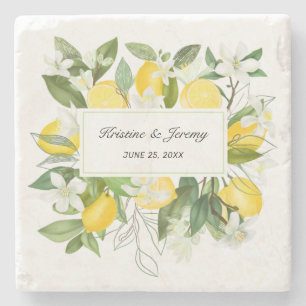 Porta-copo De Pedra Boho Lemons Watercolor Greenery Casamento Botânico