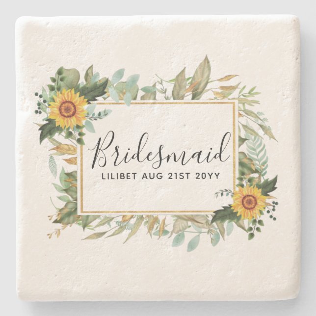 Porta-copo De Pedra Boho Sunflower Sage Greenery Casamento (Frente)