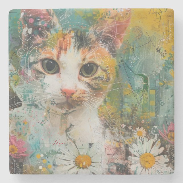 Porta-copo De Pedra Boho Watercolor Cats - Terna Feline Art (3) (Frente)