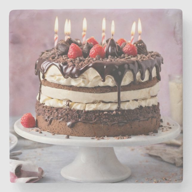 Porta-copo De Pedra Bolo De Aniversário De Chocolate Com Morangos, (Frente)