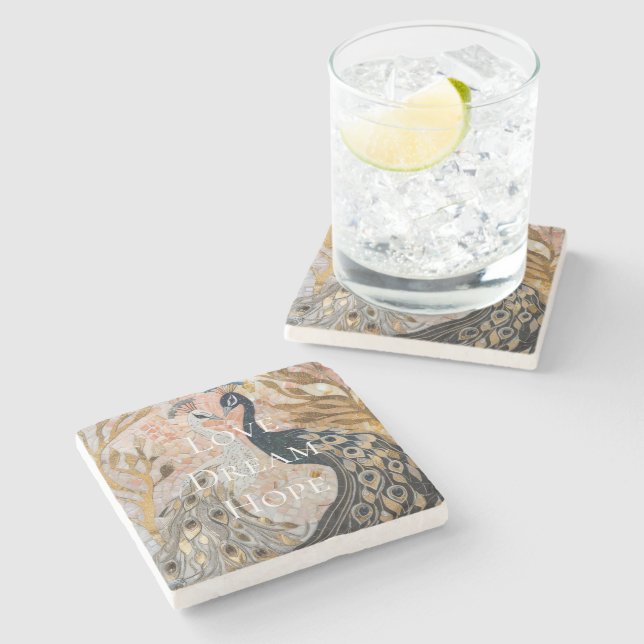 Porta-copo De Pedra Bonito Glama Dourado Rosa Peacock (Lateral)