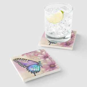 Porta-copo De Pedra Borboleta Azul Estonteante e Flores Rosa