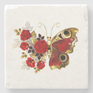 Porta-copo De Pedra Borboleta de flor vermelha com rosas vermelhas