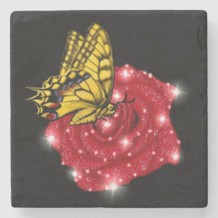 Porta-copo De Pedra Borboleta em rosa vermelha com estrelas e gotas de