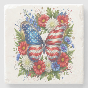Porta-copo De Pedra Borboleta Floral Vermelha Branca Azul da Bandeira