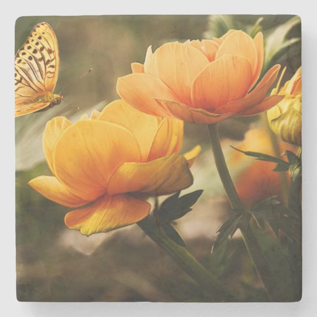 Porta-copo De Pedra Borboleta Laranja e Flores (Frente)
