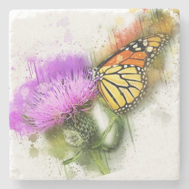 Porta-copo De Pedra Borboleta Monarca e flor silvestre (Frente)