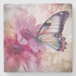 Porta-copo De Pedra Borboleta Sonhadora com Flores Rosa