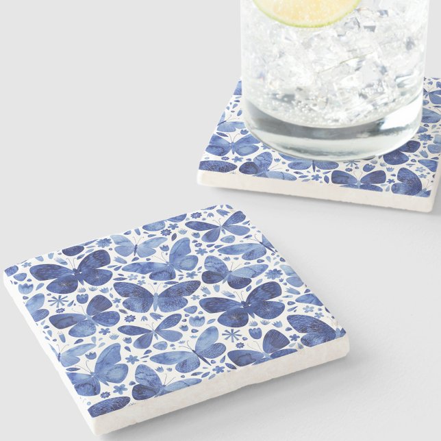 Porta-copo De Pedra Borboletas Aquarela Azul (Blue watercolor butterfly pattern stone coaster)