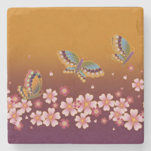 Porta-copo De Pedra Borboletas japonesas no meio de Sakura Flores Dour