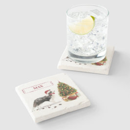 Porta-copo De Pedra Borda Collie Engraçado Cachorro de Natal com Árvor