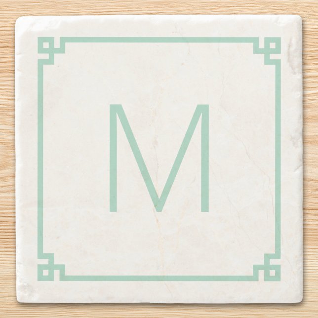 Porta-copo De Pedra Borda de Monograma Chave Grega Verde Azul Claro (Light Teal Greek Key Border Monogram Stone Coaster)