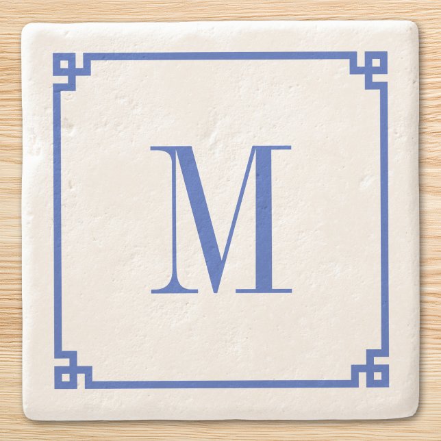 Porta-copo De Pedra Borda de Monograma com Chave Grega Azul Cerúleo (Cerulean Blue Greek Key Border Monogram Stone Coaster)