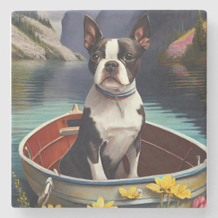 Porta-copo De Pedra Boston Terrier em uma Canoa: Uma Aventura Cênica