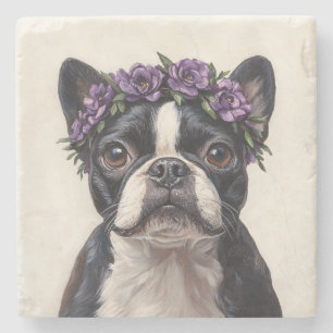 Porta-copo De Pedra Boston Terrier em uma Coroa de Flor Roxa