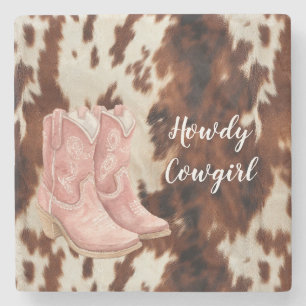 Porta-copo De Pedra Botas Vaqueiras Rosa de Couro Bovino Creme Castanh