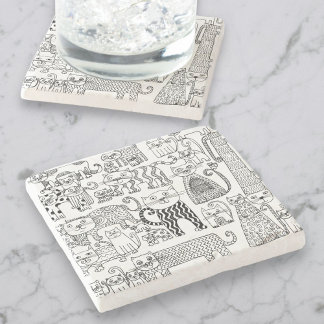 Porta-copo De Pedra Brancos e Gatinhos Brancos e Pretos Modernos