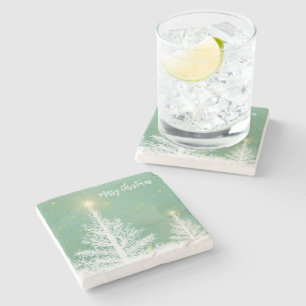 Porta-copo De Pedra Brilhando fundo azul com árvore de Natal