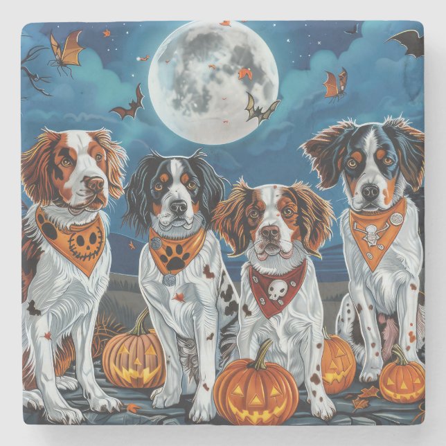 Porta-copo De Pedra Brittany Spaniel Halloween Spooky (Frente)