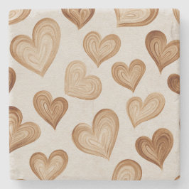 Porta-copo De Pedra Brown Cream Hearts Stripes