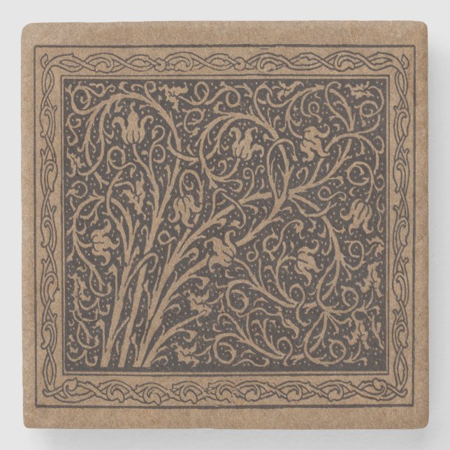 Porta-copo De Pedra Brown Tooling Leather Art Nouveau Floral (Frente)
