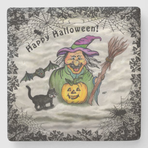 Porta-copo De Pedra Bruxa, Gato, Bat e Pumpkin, Feliz Halloween!