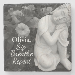 Porta-copo De Pedra Buda Beba Respire Repita Preto Branco Zen – Nome