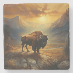 Porta-copo De Pedra Buffalo Bison Sunset Silhouette