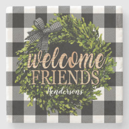 Porta-copo De Pedra Buffalo Check Black and White Boxwood Wreath