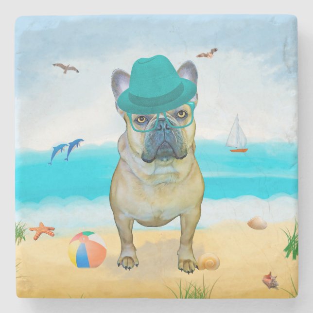 Porta-copo De Pedra Bulldog francês na praia (Frente)