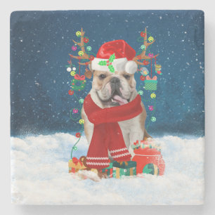 Porta-copo De Pedra Bulldog Inglês em Neve com Presentes de Natal
