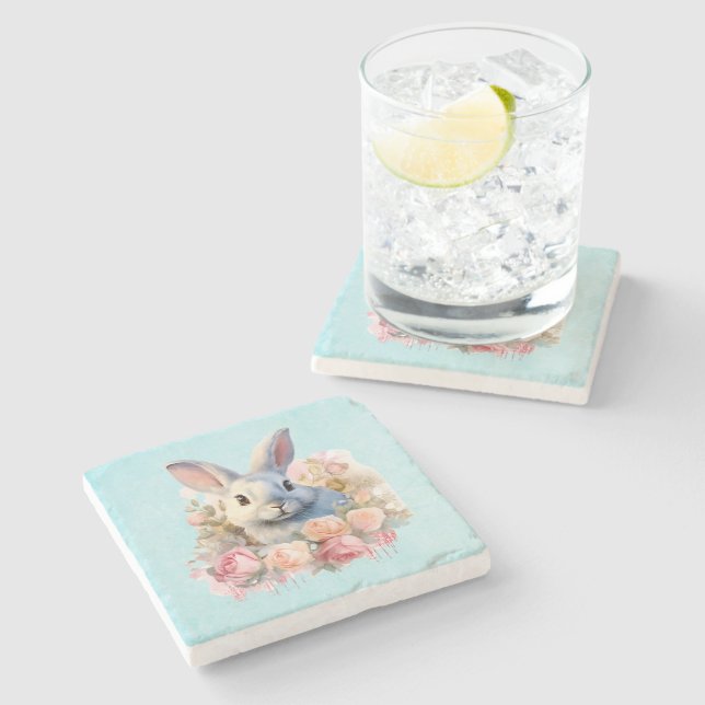 Porta-copo De Pedra Bunny with a Garland of Roses Cute (Lateral)