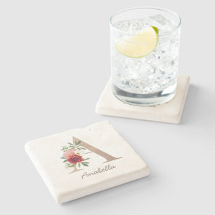 Porta-copo De Pedra Buquê borrado floral - letra personalizada " A"