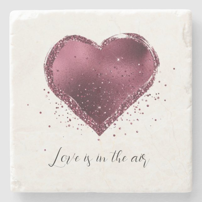 Porta-copo De Pedra Burgundy Cherry Glitter Sparkle Heart Love  (Frente)