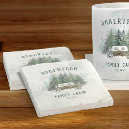 Porta-copo De Pedra Cabina de família Aquarela Floresta de pinheiro de