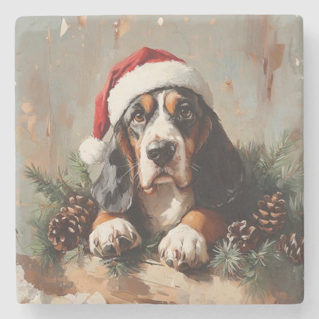Porta-copo De Pedra Caça-Basset numa Pintura a Óleo de Santa Hat (Frente)