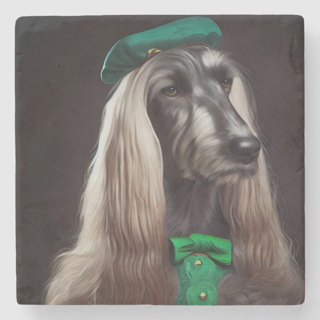 Porta-copo De Pedra Cachorro afegão vestido para o Dia de São Patrício (Frente)
