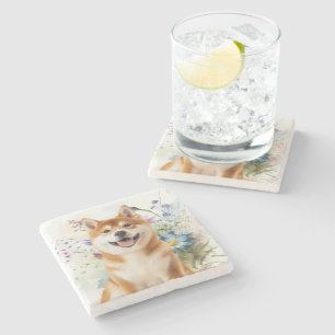 Porta-copo De Pedra Cachorro Akita Shiba Inu com Flores de Aquarela Az