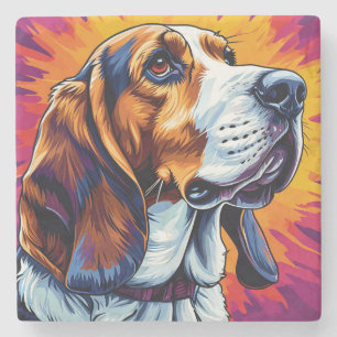 Porta-copo De Pedra Cachorro Basset Hound com Fundo Colorido