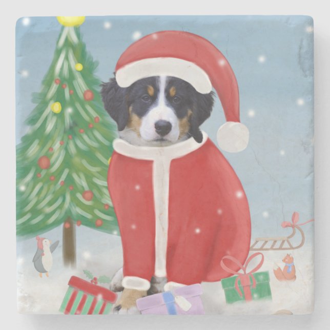 Porta-copo De Pedra Cachorro Bernês na neve com presentes de Natal (Frente)