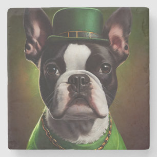 Porta-copo De Pedra Cachorro Boston Terrier vestido para o Dia de São